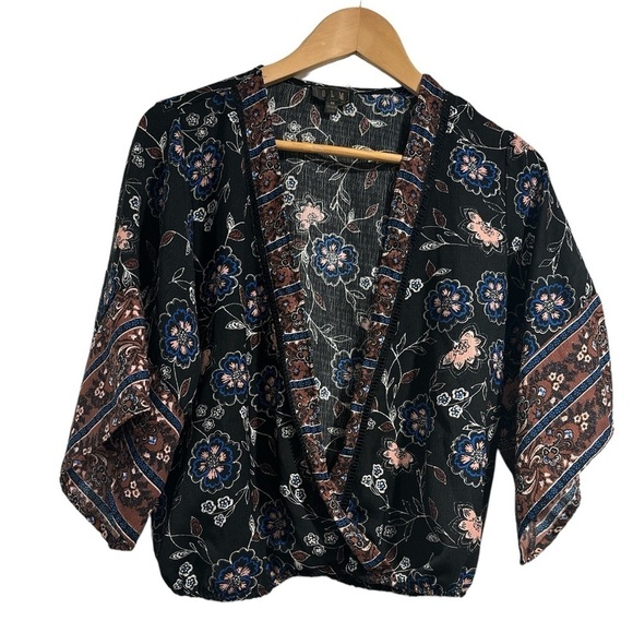 OLM shirt faux wrap deep V medium wide sleeve boho top - Picture 1 of 5